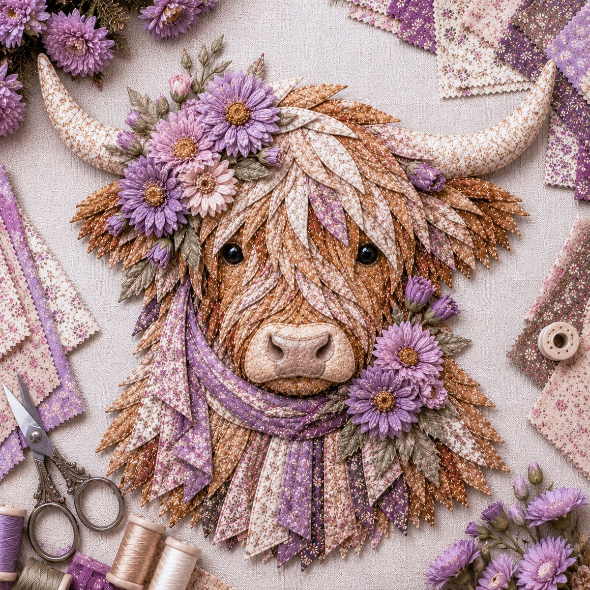 Birth Flower Highland Cow 3D Layered Fabric Art DIY Kit