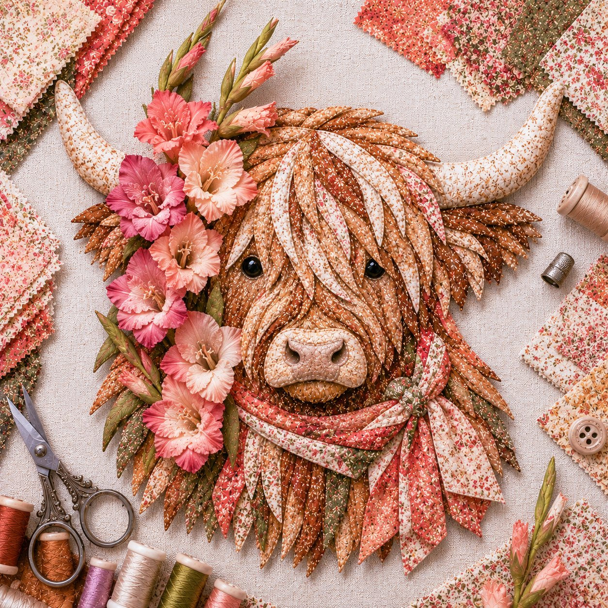 Birth Flower Highland Cow 3D Layered Fabric Art DIY Kit