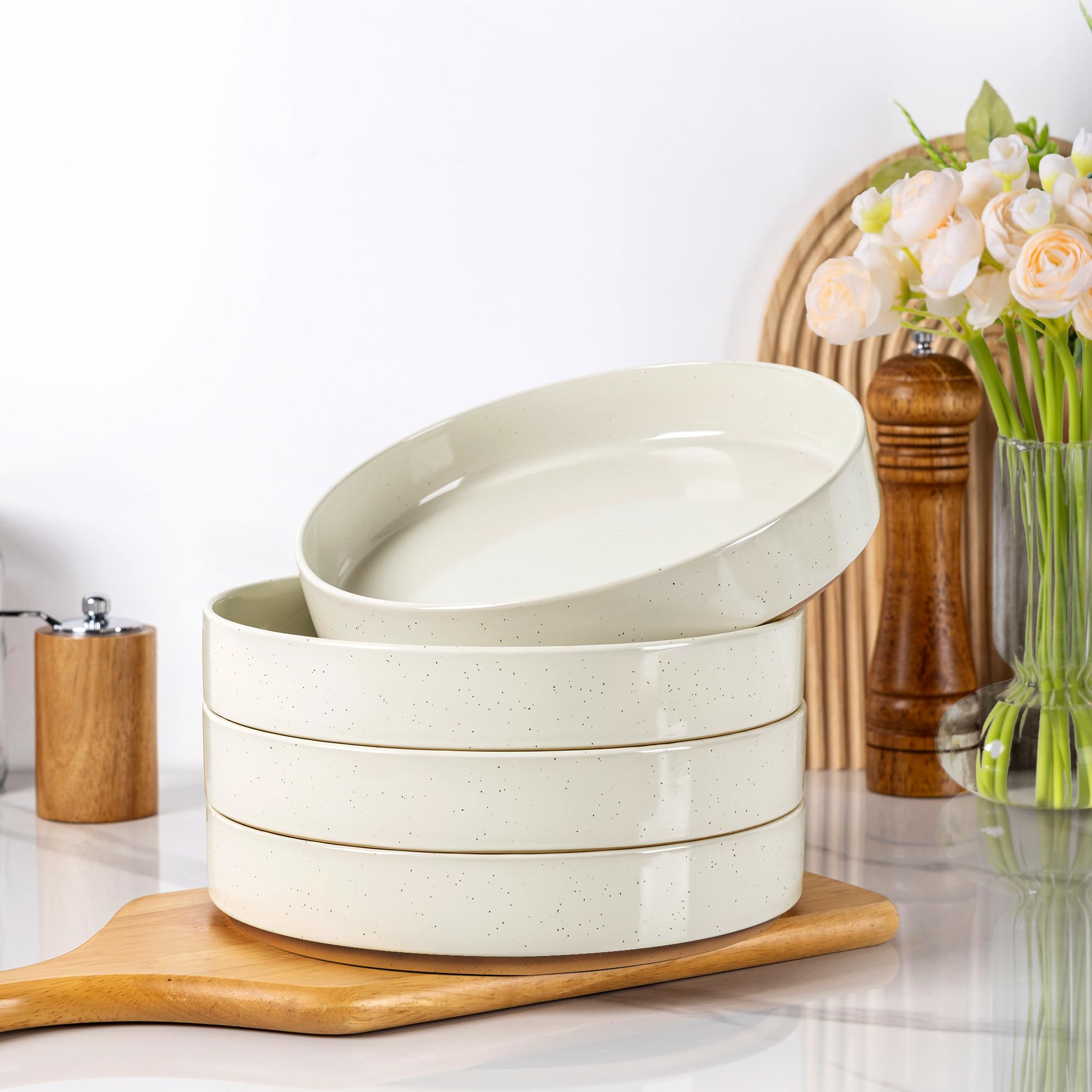 9" Large Ceramic Pasta Bowls Set of 4 – 32oz Speckled Stoneware