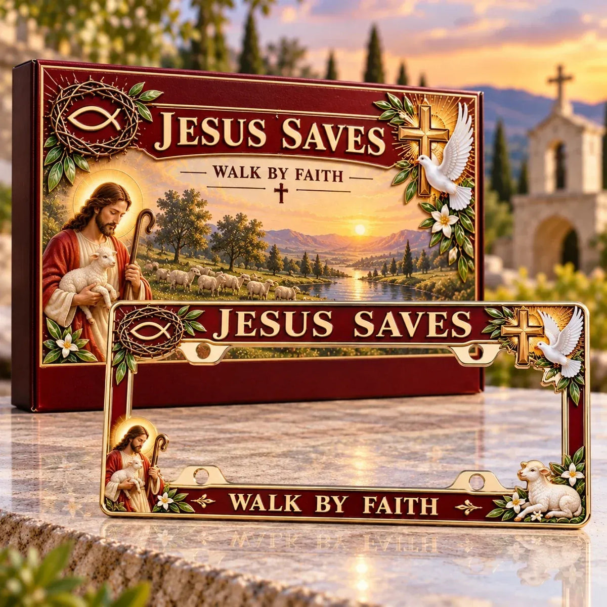 “Jesus Saves” & “Walk by Faith” Commemorative Jesus License Plate Frame