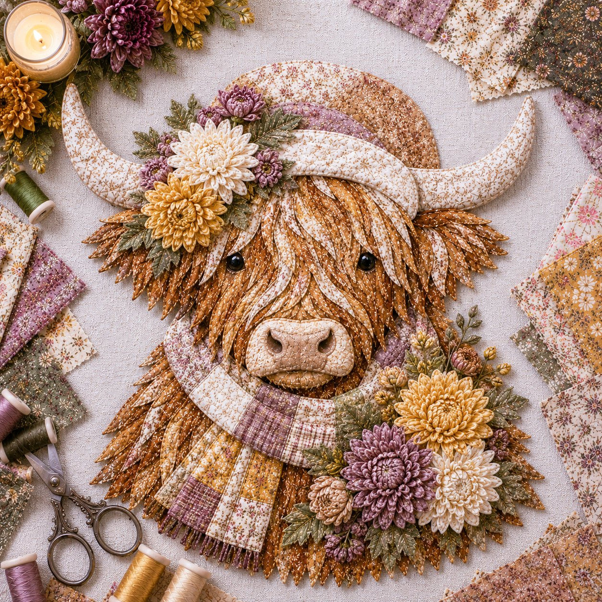 Birth Flower Highland Cow 3D Layered Fabric Art DIY Kit