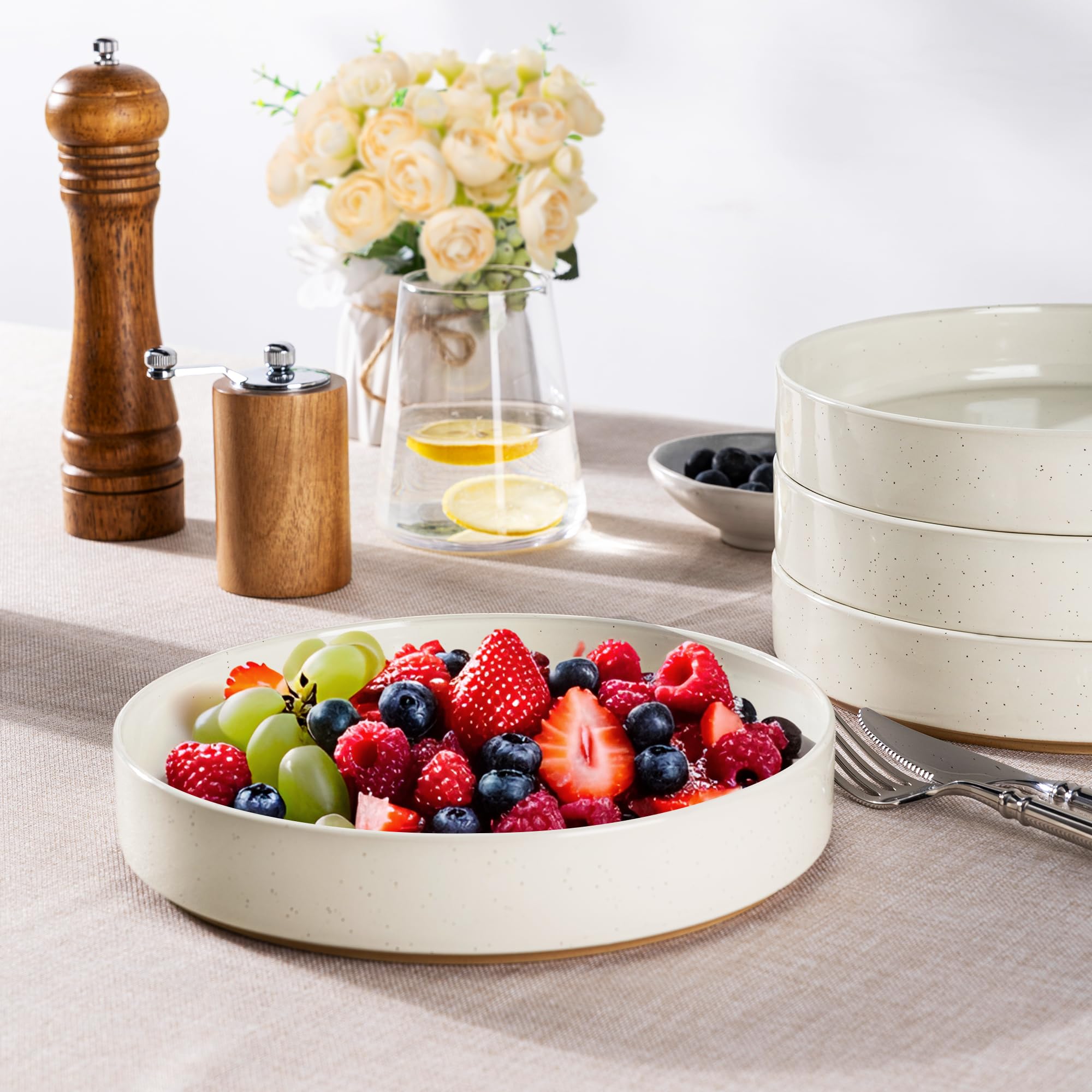 9" Large Ceramic Pasta Bowls Set of 4 – 32oz Speckled Stoneware