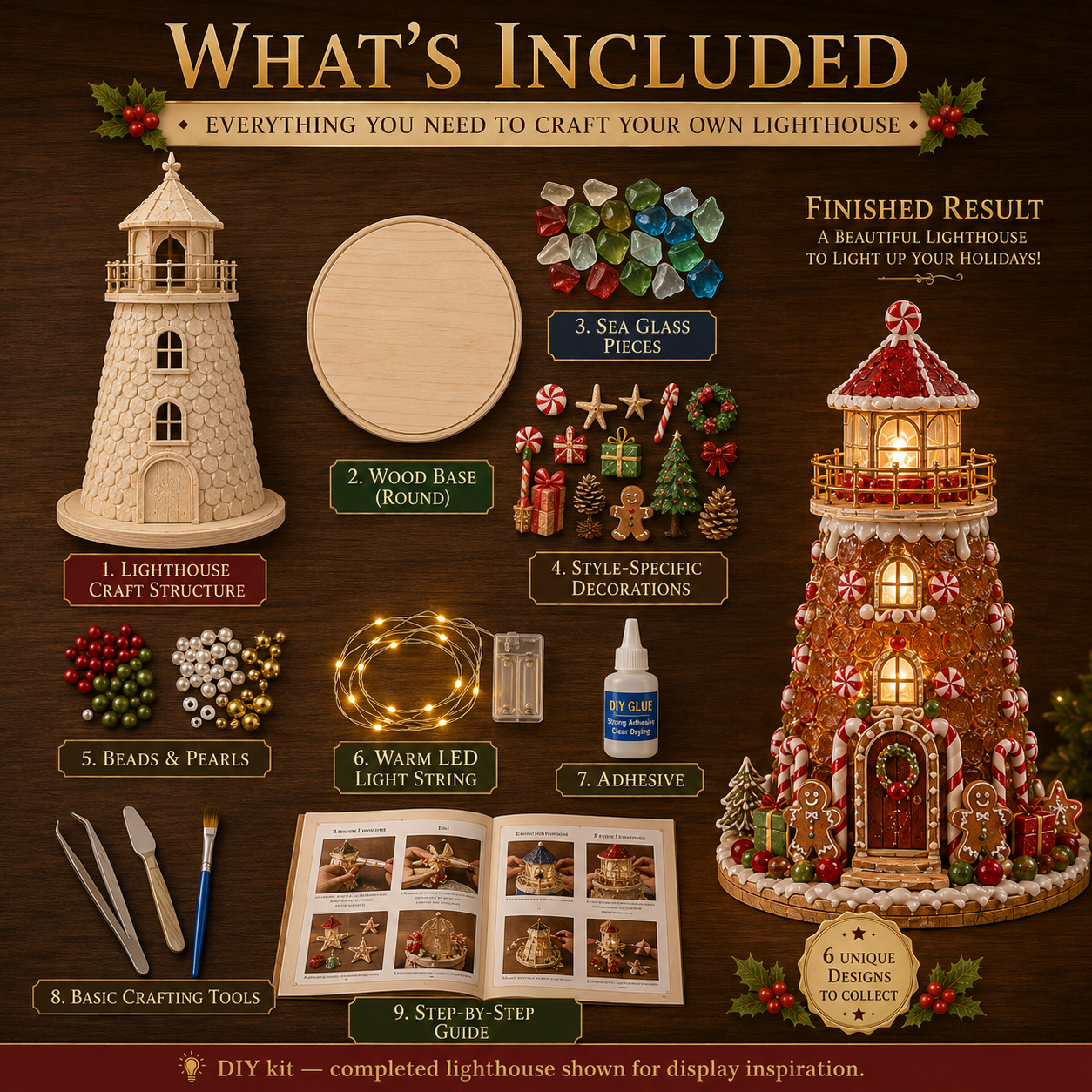 Beginner-Friendly DIY Lighted Christmas Character Sea Glass-Style Lighthouse Kit Collection