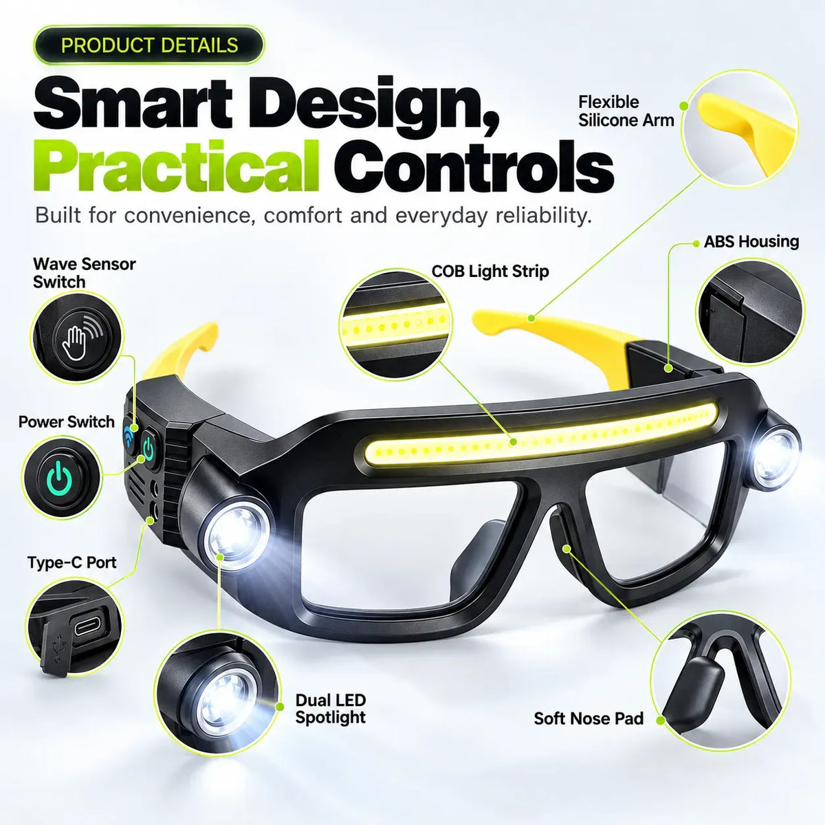 Rechargeable LED Light Glasses with 5 Modes & Wave Sensor