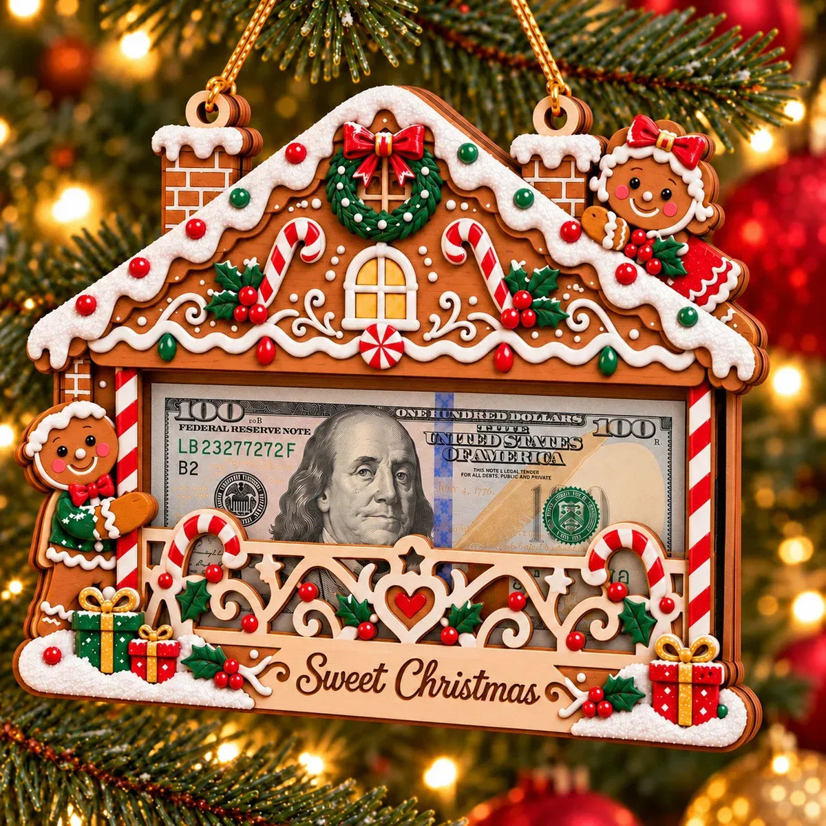 Wooden Christmas Cash Gift Holder Ornament