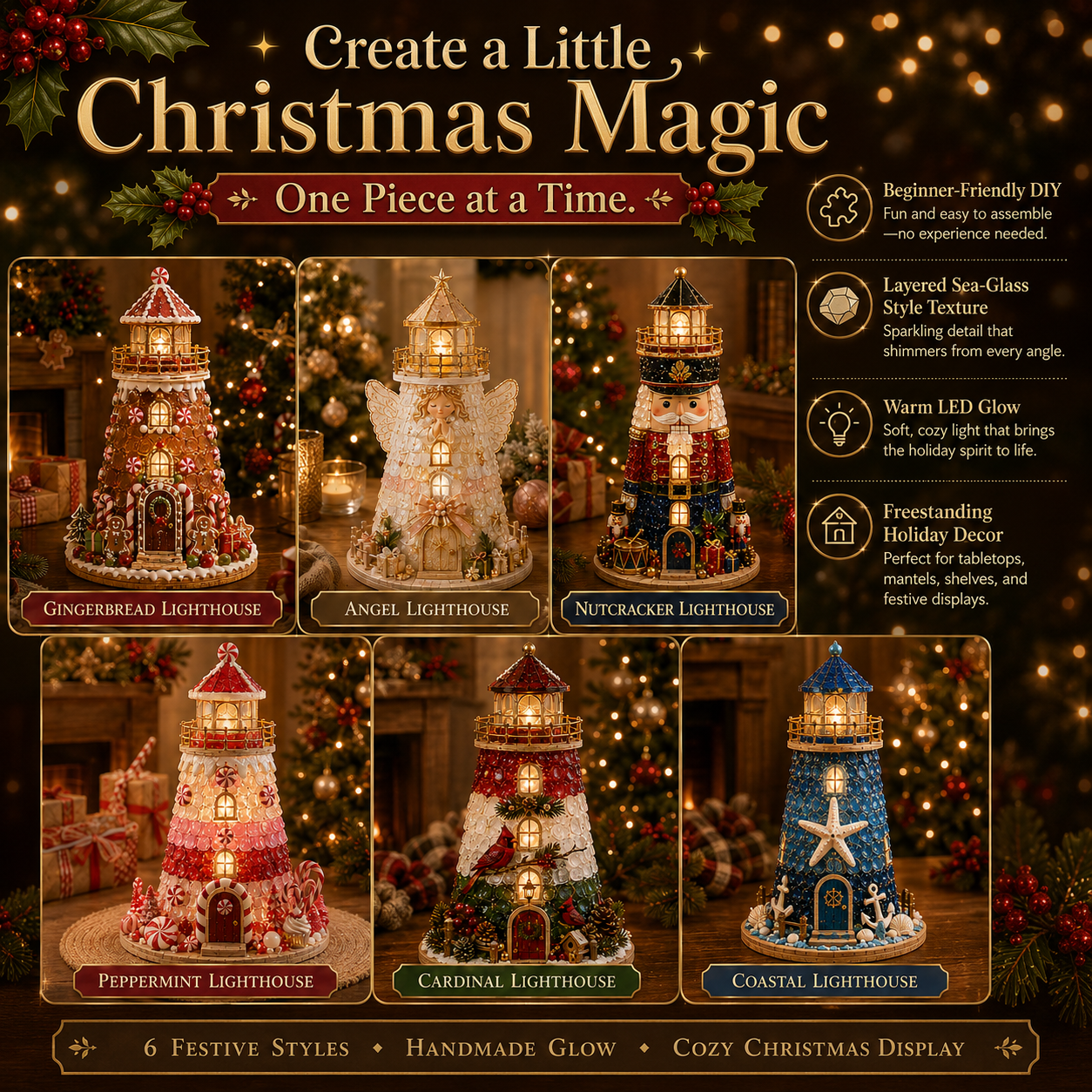 Beginner-Friendly DIY Lighted Christmas Character Sea Glass-Style Lighthouse Kit Collection