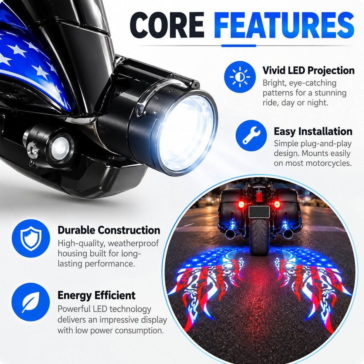 Upgrade Your Night Ride: Ground Projection Light with Skull Wing Design