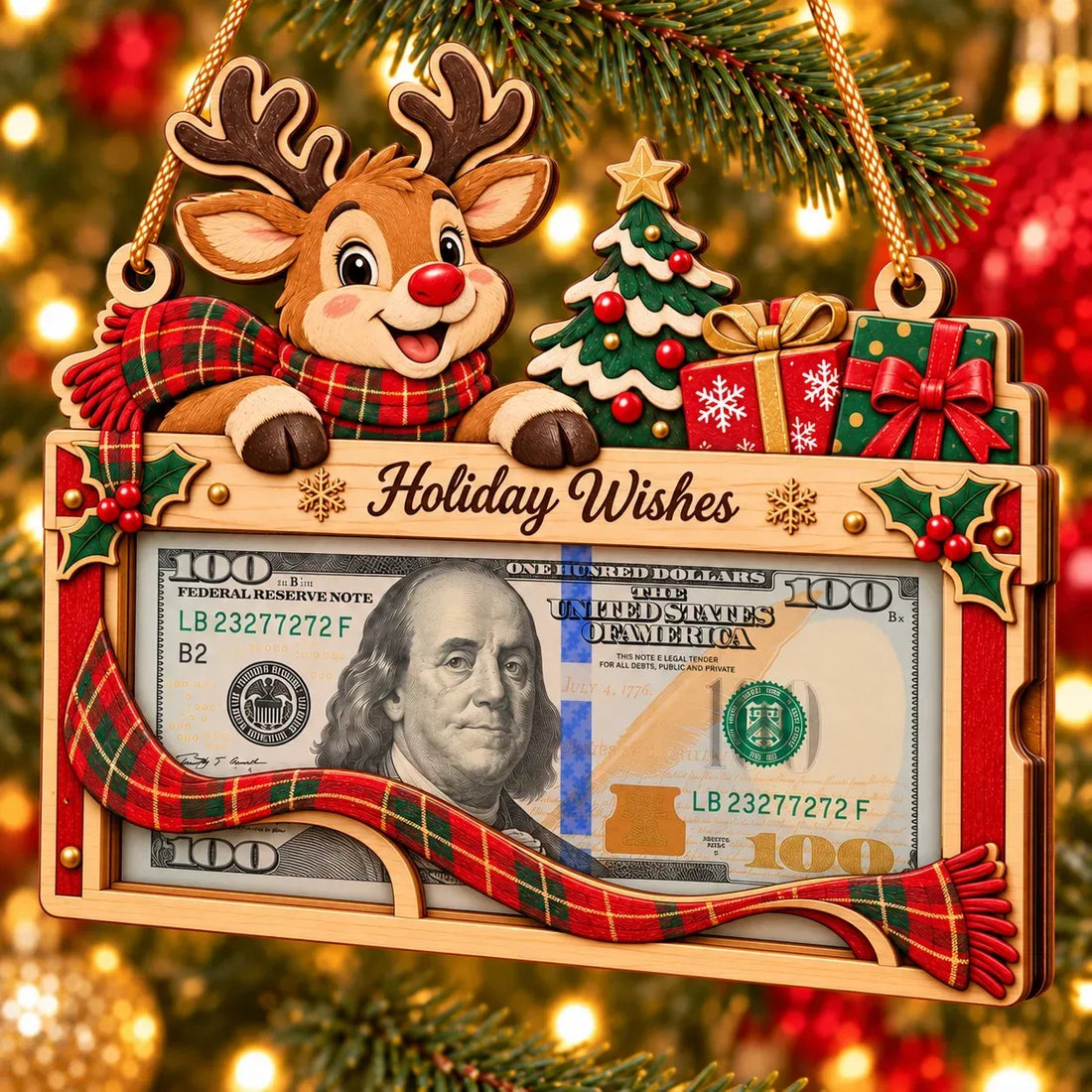 Wooden Christmas Cash Gift Holder Ornament