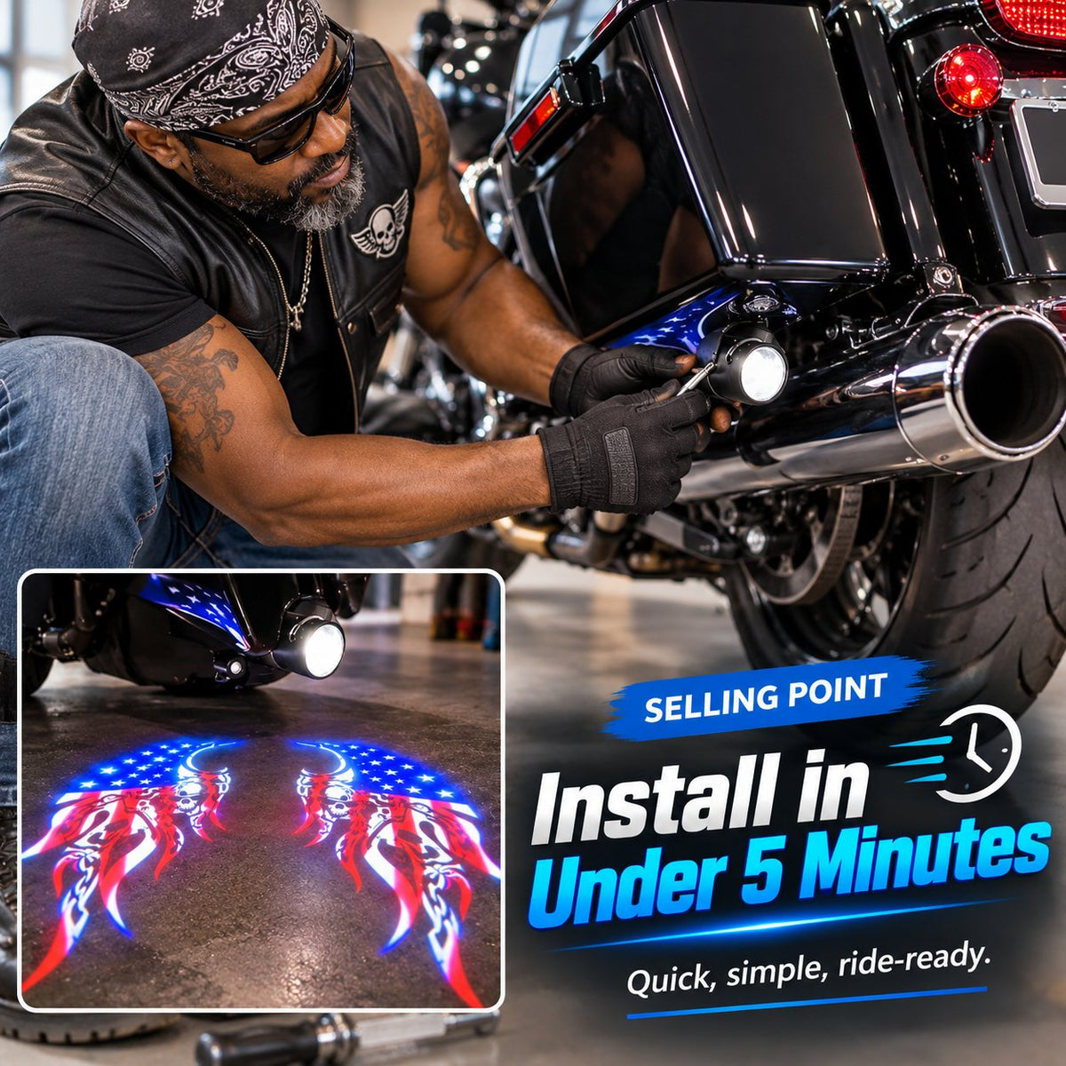 Upgrade Your Night Ride: Ground Projection Light with Skull Wing Design