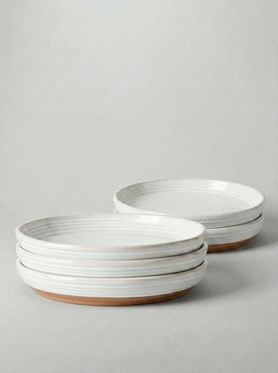 Arctic White Ceramic Dinner Plates with Modern Spiral Texture