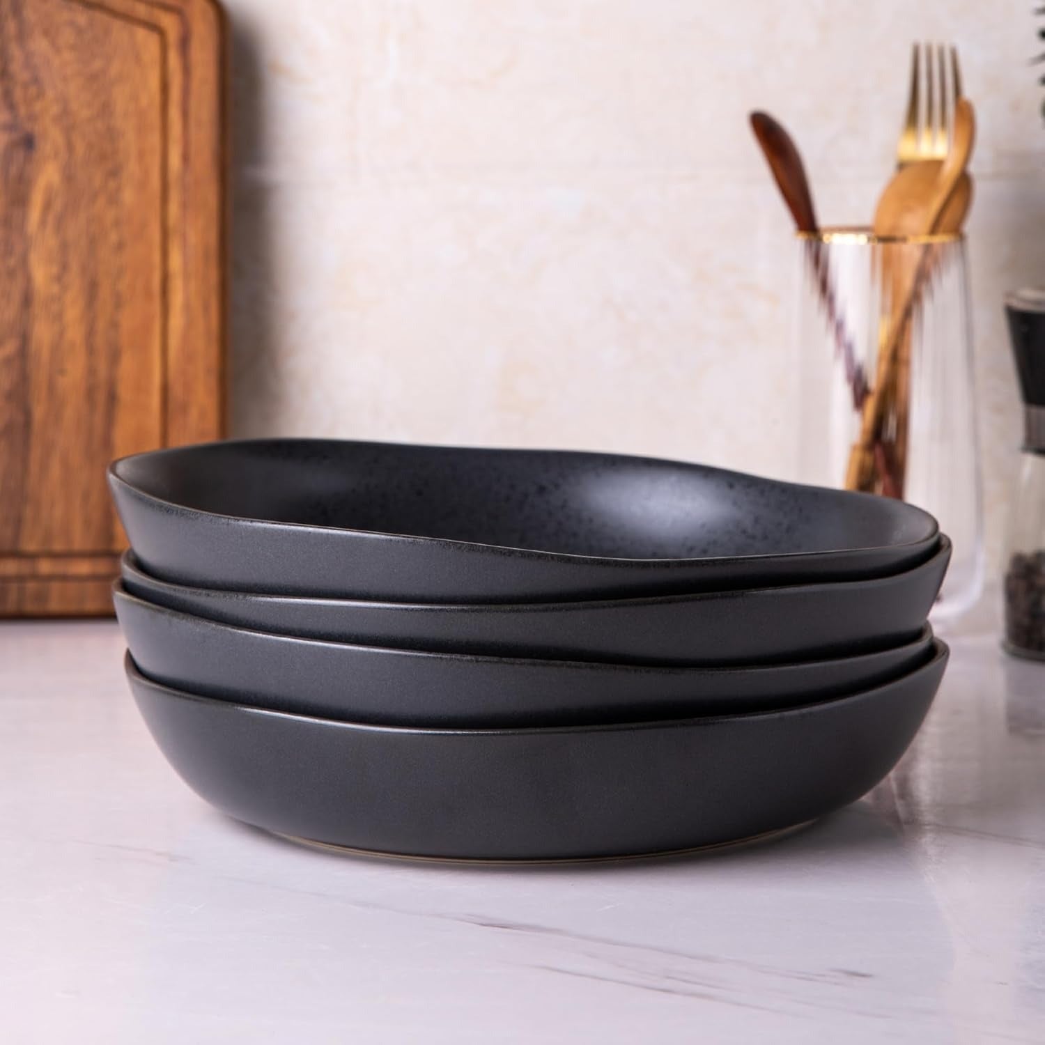 Speckled Black Stoneware Pasta Bowl Set