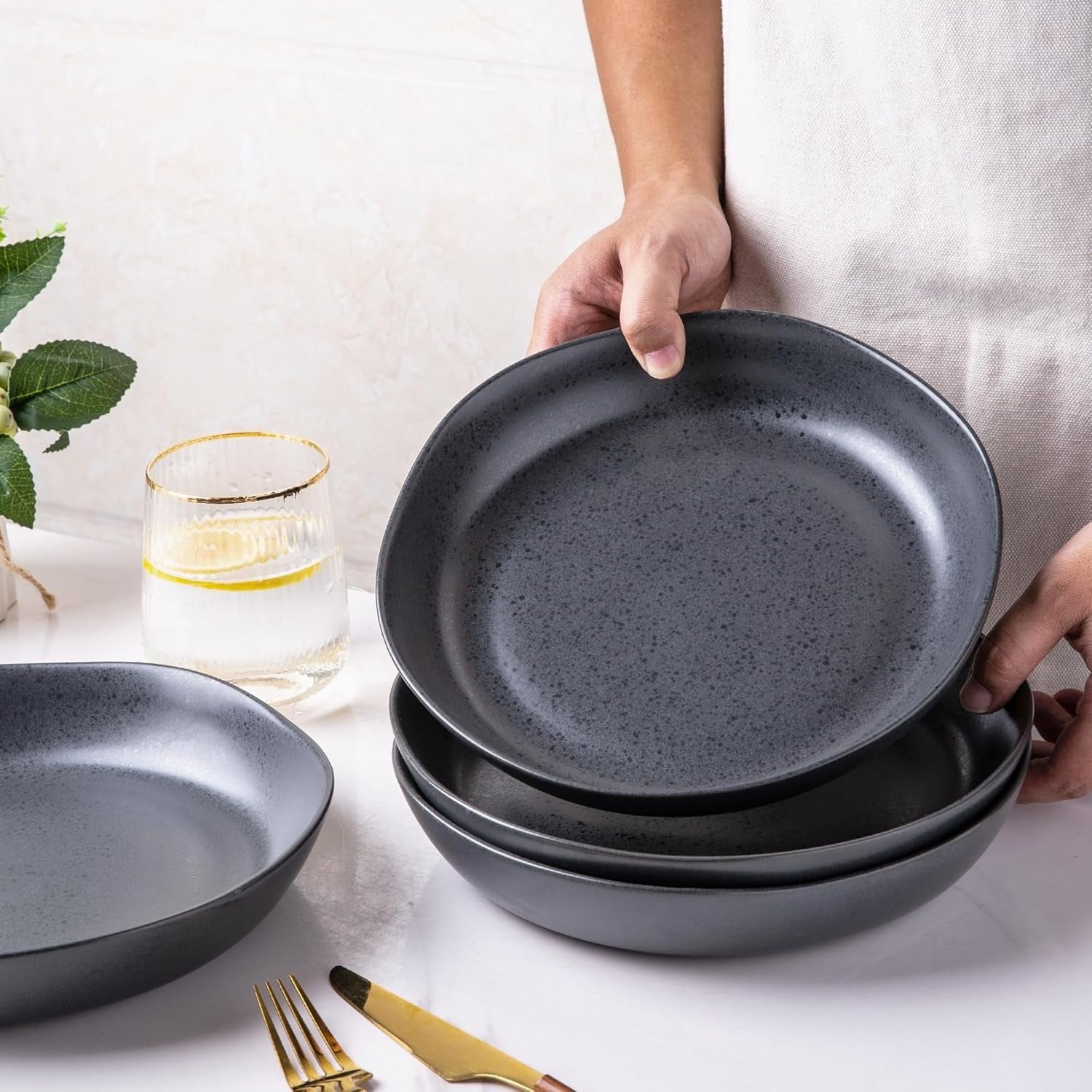 Speckled Black Stoneware Pasta Bowl Set