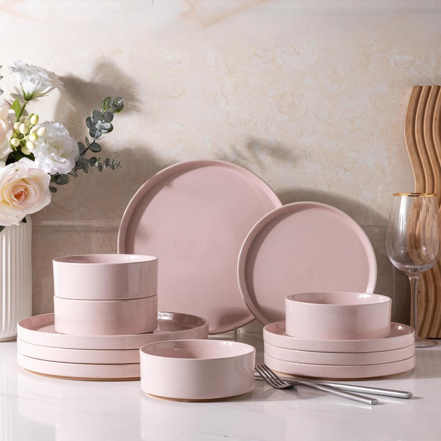 Scratch Resistant Pink Speckled Ceramic Dinnerware Set