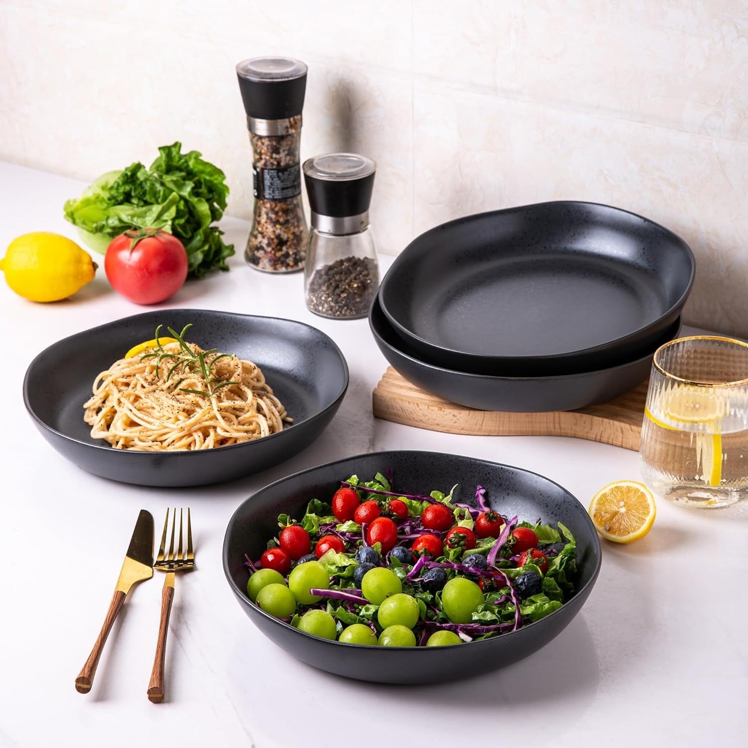 Speckled Black Stoneware Pasta Bowl Set