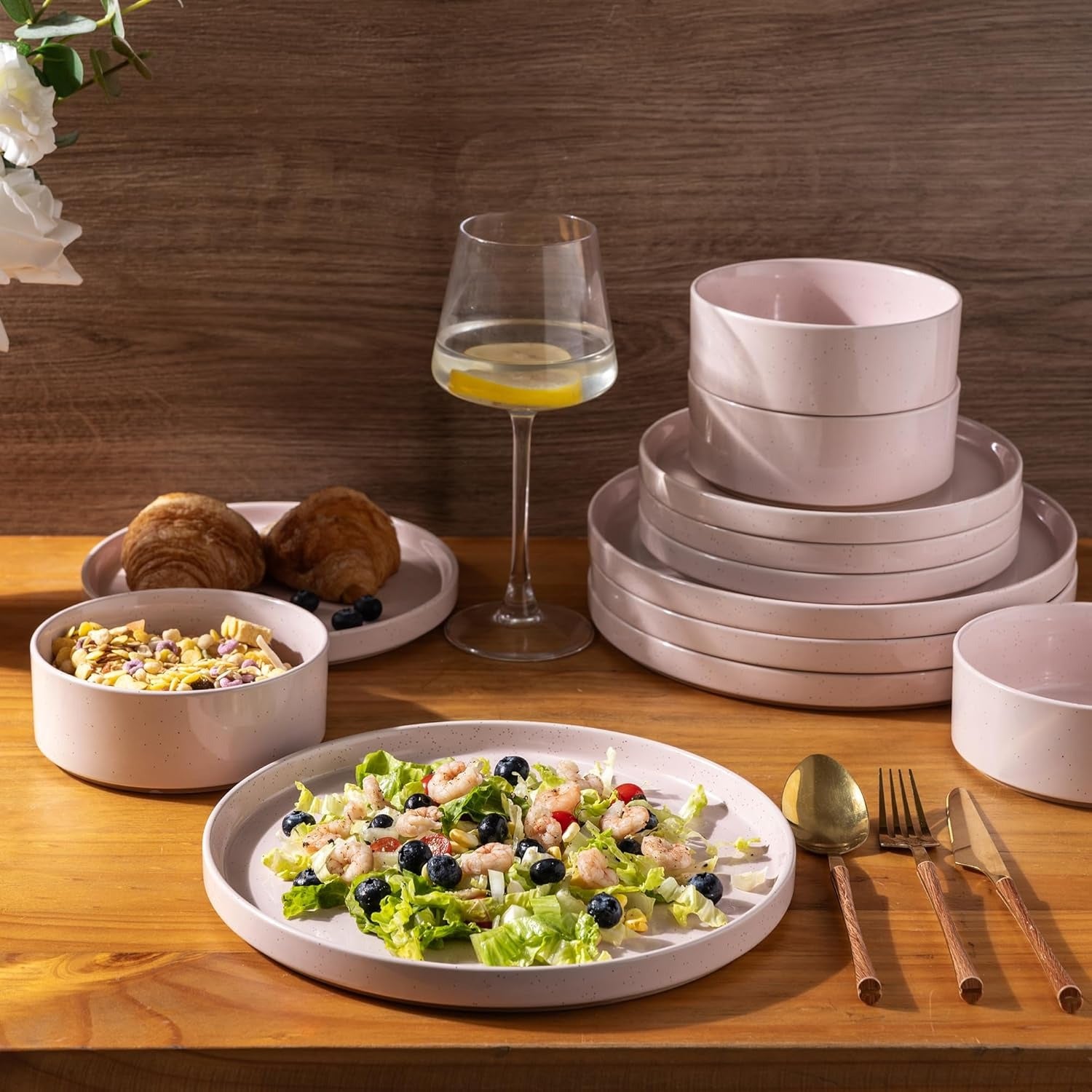 Scratch Resistant Pink Speckled Ceramic Dinnerware Set